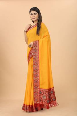 Yellow colour vichitra  silk  embroidried sarees 3