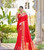Red Women Silk Blend Woven Design Saree with Blouse For Women