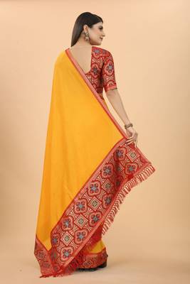 Yellow colour vichitra  silk  embroidried sarees 4