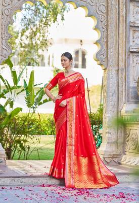 Red Women Silk Blend Woven Design Saree with Blouse For Women 2