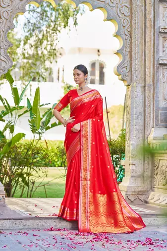 Red Women Silk Blend Woven Design Saree with Blouse For Women