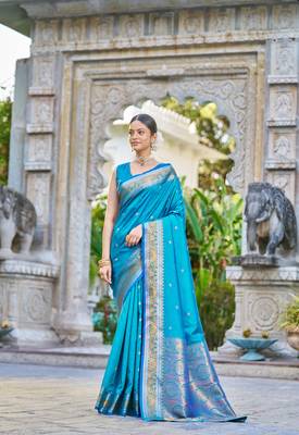 Teal Women Silk Blend  Woven Design Saree with Blouse For Women 1
