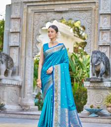 Teal Women Silk Blend  Woven Design Saree with Blouse For Women