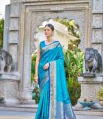 Teal Women Silk Blend  Woven Design Saree with Blouse For Women