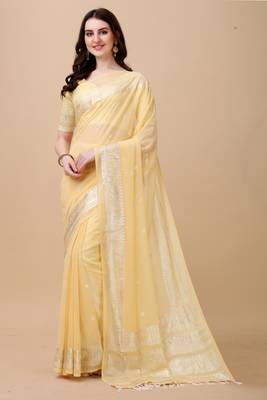 Yellow  And Silver Tonned Silk Blend Saree 1