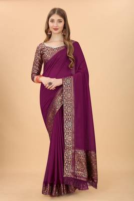 Purple Colour Vichitra  Silk  Embroidried Sarees 2