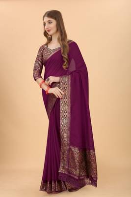 Purple Colour Vichitra  Silk  Embroidried Sarees 3