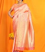 Baby pink woven Banarasi silk blend saree with blouse
