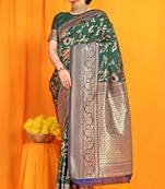 Bottle green woven Banarasi silk blend saree with blouse