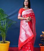 Red woven Banarasi silk blend saree with blouse