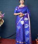 Royal blue woven kanchipuram linen silk saree with blouse