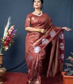 Maroon woven kanchipuram linen silk saree with blouse