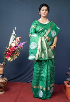 Sea green woven kanchipuram linen silk saree with blouse 1