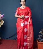 Red woven kanchipuram linen silk saree with blouse