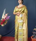 Mustard woven kanchipuram linen silk saree with blouse