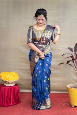 Navy blue woven paithani silk saree with blouse 1