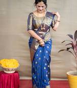 Navy blue woven paithani silk saree with blouse