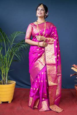 Rani pink woven paithani silk saree with blouse 1