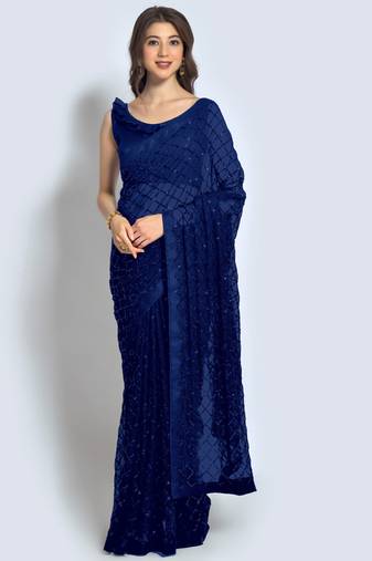 Blue Sequins Work Party Wear Georgette Saree