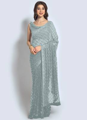 Grey Sequins Work Party Wear Georgette Saree 1