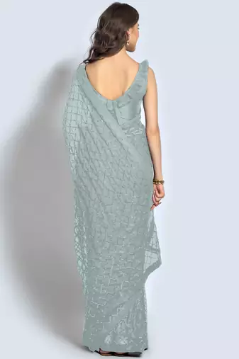 Grey Sequins Work Party Wear Georgette Saree