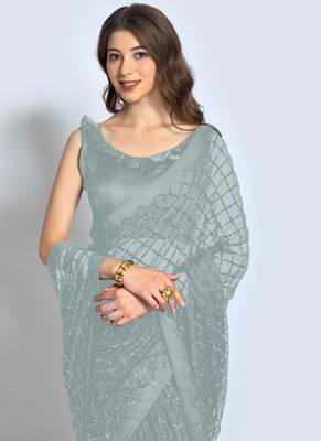 Grey Sequins Work Party Wear Georgette Saree 4