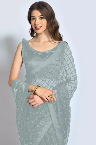 Grey Sequins Work Party Wear Georgette Saree