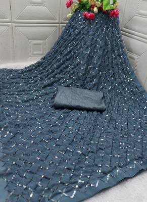 Grey Sequins Work Party Wear Georgette Saree 5