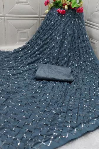 Grey Sequins Work Party Wear Georgette Saree