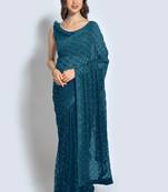Teal Sequins Work Party Wear Georgette Saree