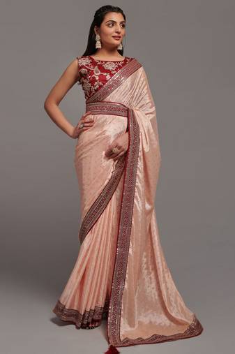Peach sequins work party wear  chinon saree