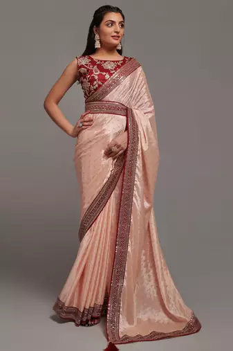 Peach sequins work party wear  chinon saree