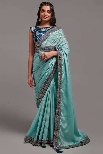 Sky blue sequins work party wear  chinon saree