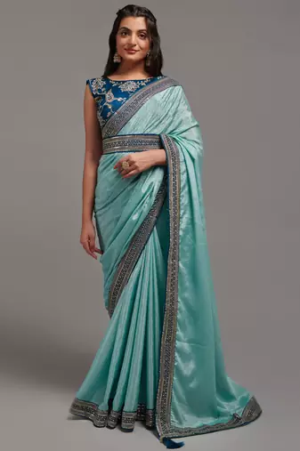 Sky blue sequins work party wear  chinon saree