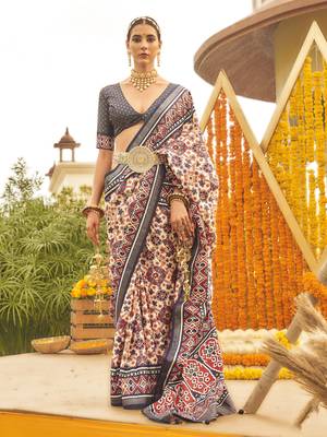Elora Sigma Silk Ajrakh Patola Saree With Golden Print  For Women (Blue) 1