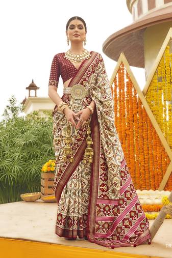 Elora sigma silk ajrakh patola saree with golden print  for women (maroon)