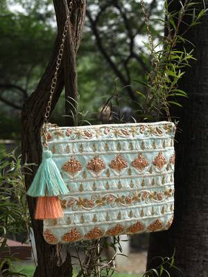 Anekaant Tribal Aqua & Rose Gold Floral Embroidered Faux Silk Sling Bag 1