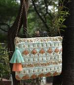 Anekaant Tribal Aqua & Rose Gold Floral Embroidered Faux Silk Sling Bag