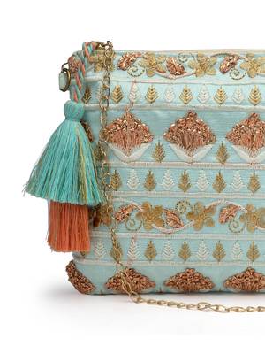 Anekaant Tribal Aqua & Rose Gold Floral Embroidered Faux Silk Sling Bag 5