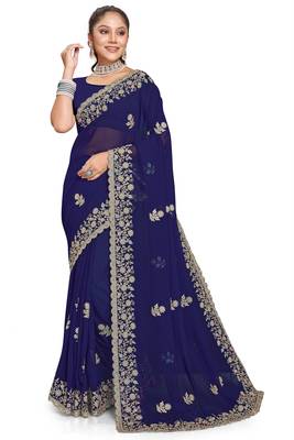 Navy Blue Zari Embroidered Border Georgette Saree With Blouse Piece 1