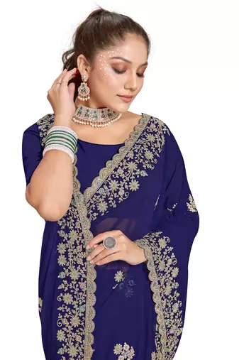 Navy Blue Zari Embroidered Border Georgette Saree With Blouse Piece