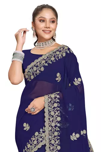 Navy Blue Zari Embroidered Border Georgette Saree With Blouse Piece