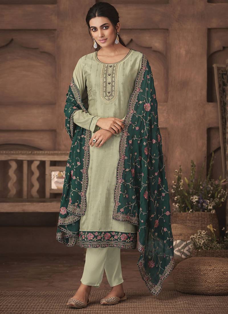 Light-sea-green thread embroidery chiffon semi stitched trouser ethnic-suits