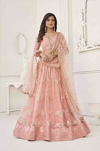 PEACH NET FABRIC LEHENGA WITH SEQUINS AND THREAD EMBROIDERY WORK 
