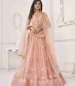 PEACH NET FABRIC LEHENGA WITH SEQUINS AND THREAD EMBROIDERY WORK 