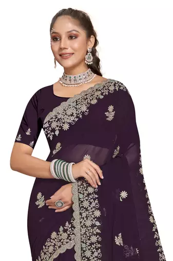 Purple Zari Embroidered Border Georgette Saree With Blouse Piece