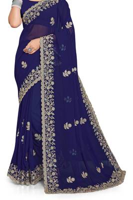 Navy Blue Zari Embroidered Border Georgette Saree With Blouse Piece 4