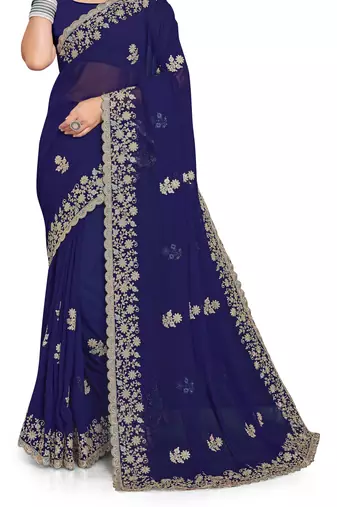 Navy Blue Zari Embroidered Border Georgette Saree With Blouse Piece