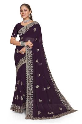Purple Zari Embroidered Border Georgette Saree With Blouse Piece 1