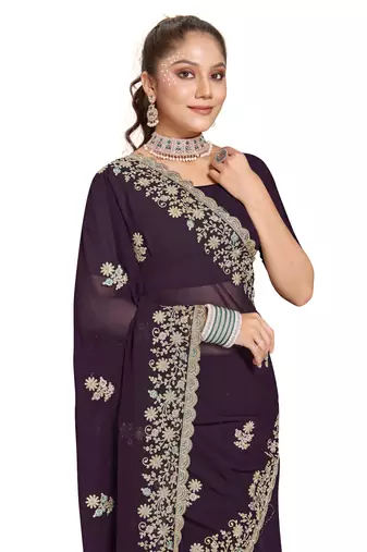 Purple Zari Embroidered Border Georgette Saree With Blouse Piece